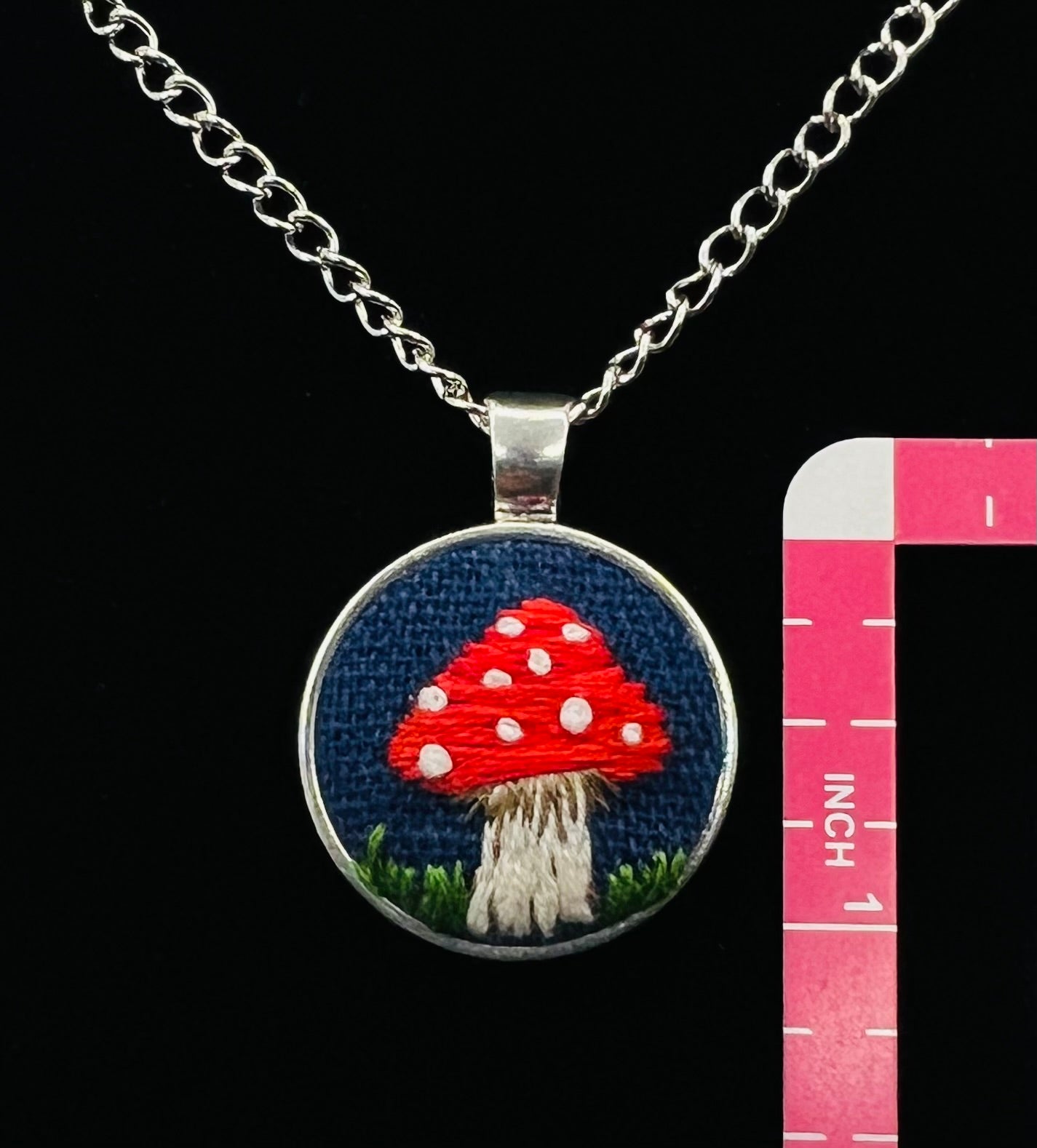 Red Mushroom Embroidered Silver Pendant