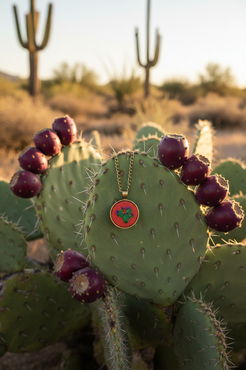 Embroidered Prickly Pear Cactus Bronze Pendant