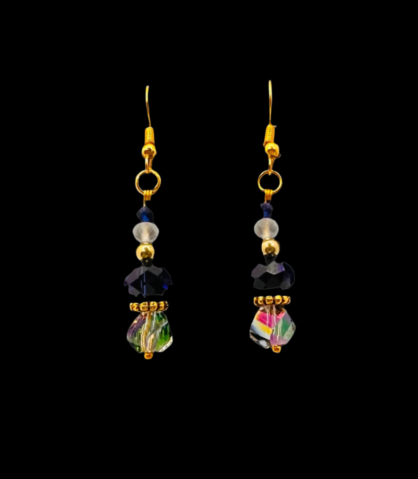 Gold Dangle Earrings (Dark Blue, Crystal and Frosted White Beads)