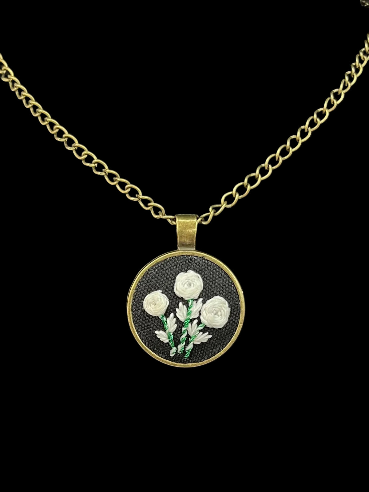 Embroidered White Glow in the Dark Rose Pendant