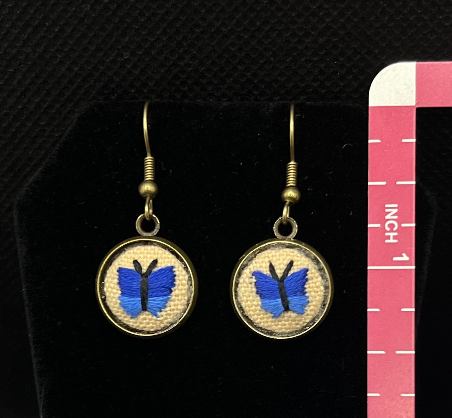 Embroidered Blue Butterfly Bronze Earrings