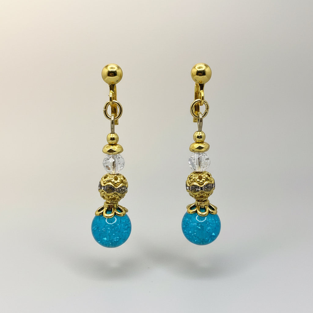 Gold Clip-On Earrings featuring Aqua Blue & Clear Shattered Glass Accents