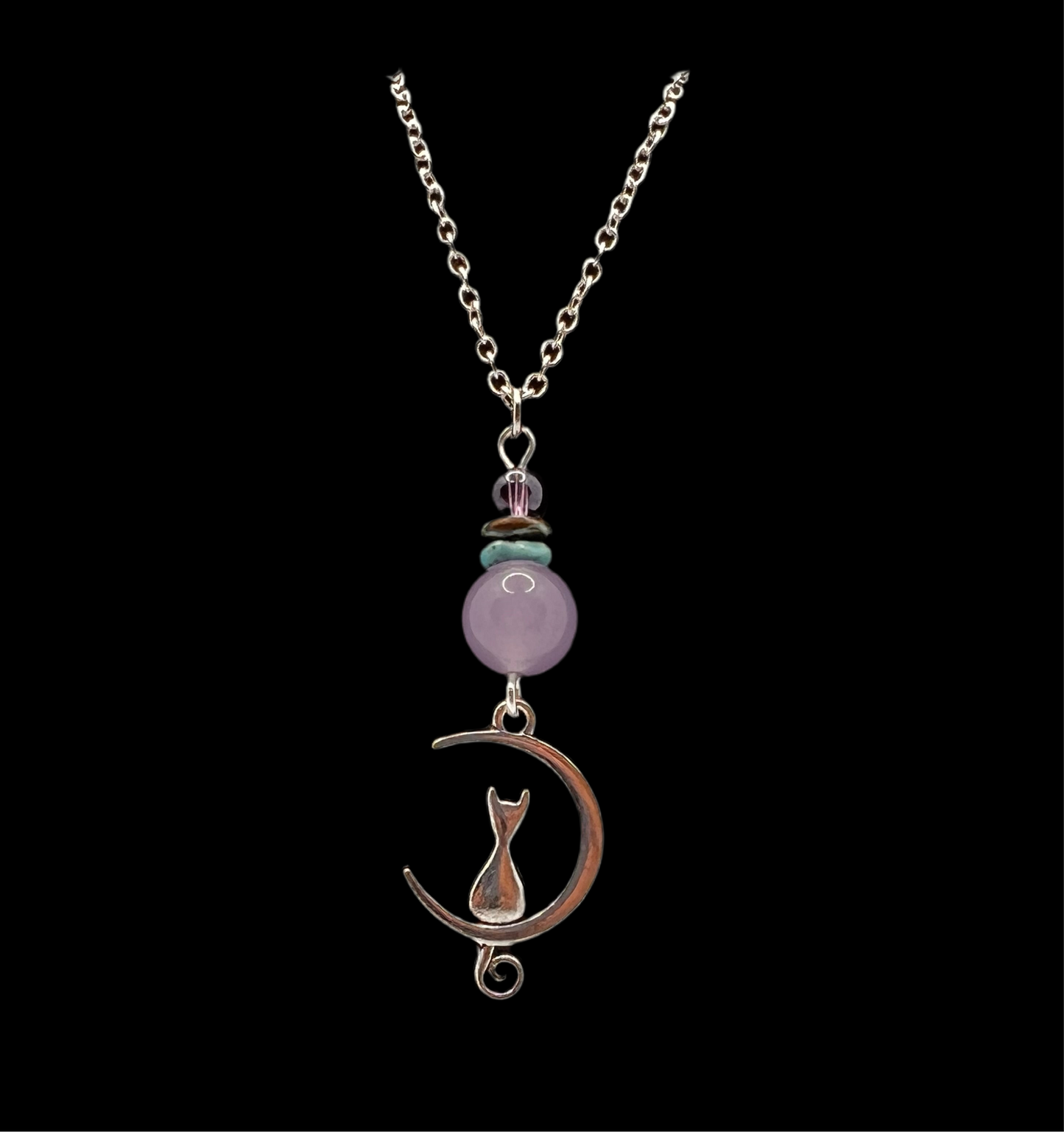 Moon Cat Dangle Necklace (Turquoise & Opaque Purple Beads)