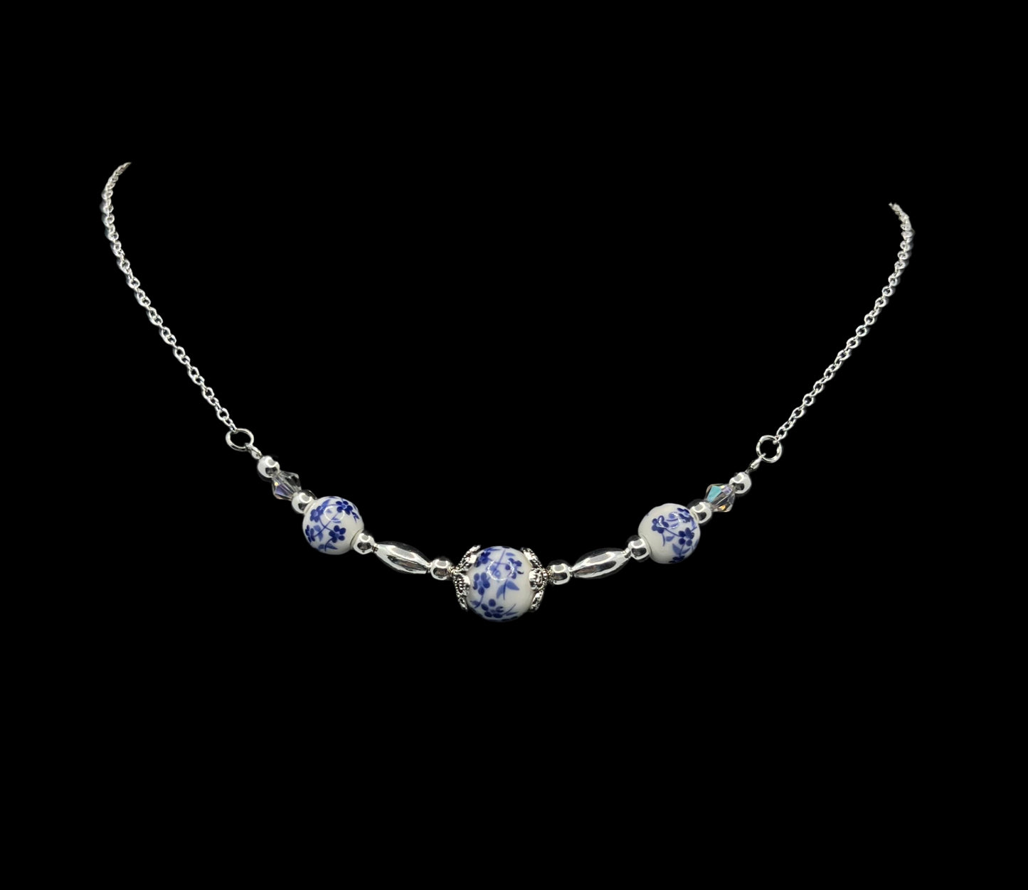 Blue Porcelain Beaded Wire Chain Necklace