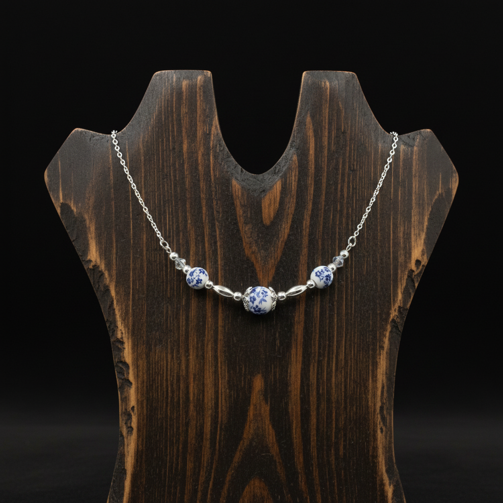 Blue Porcelain Beaded Wire Chain Necklace