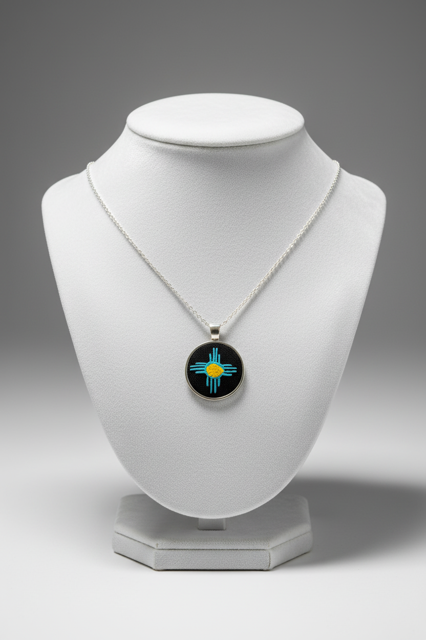 Zia Symbol Embroidered Silver Pendant (Turquoise & Yellow)