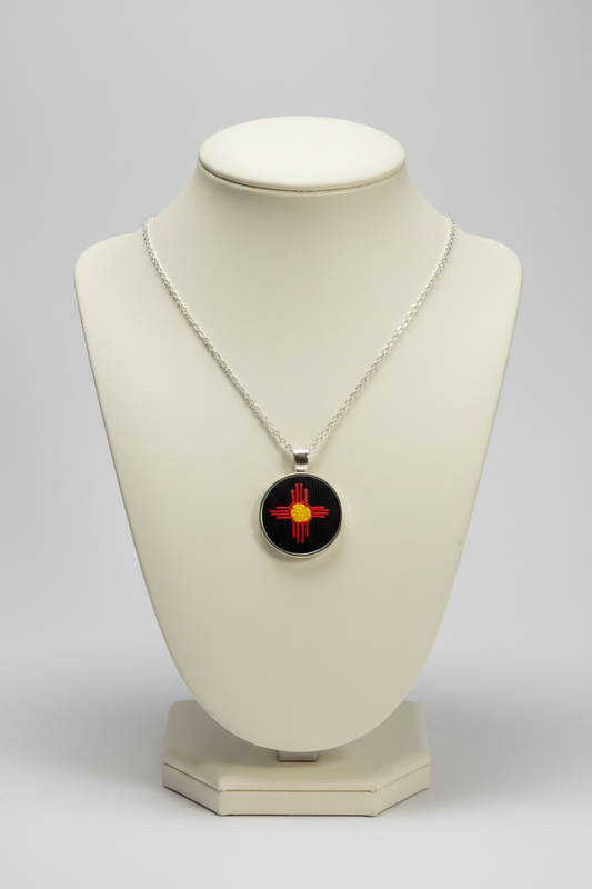 Zia Symbol Embroidered Silver Pendant (Red & Yellow)