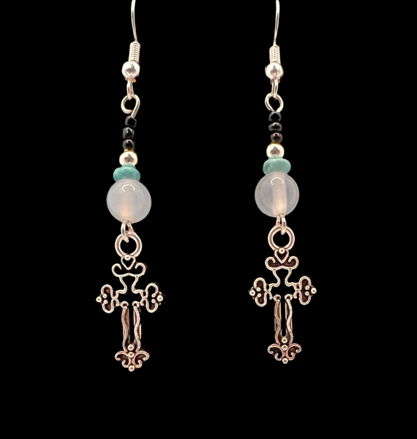 Turquoise & White Quartz Cross Earrings