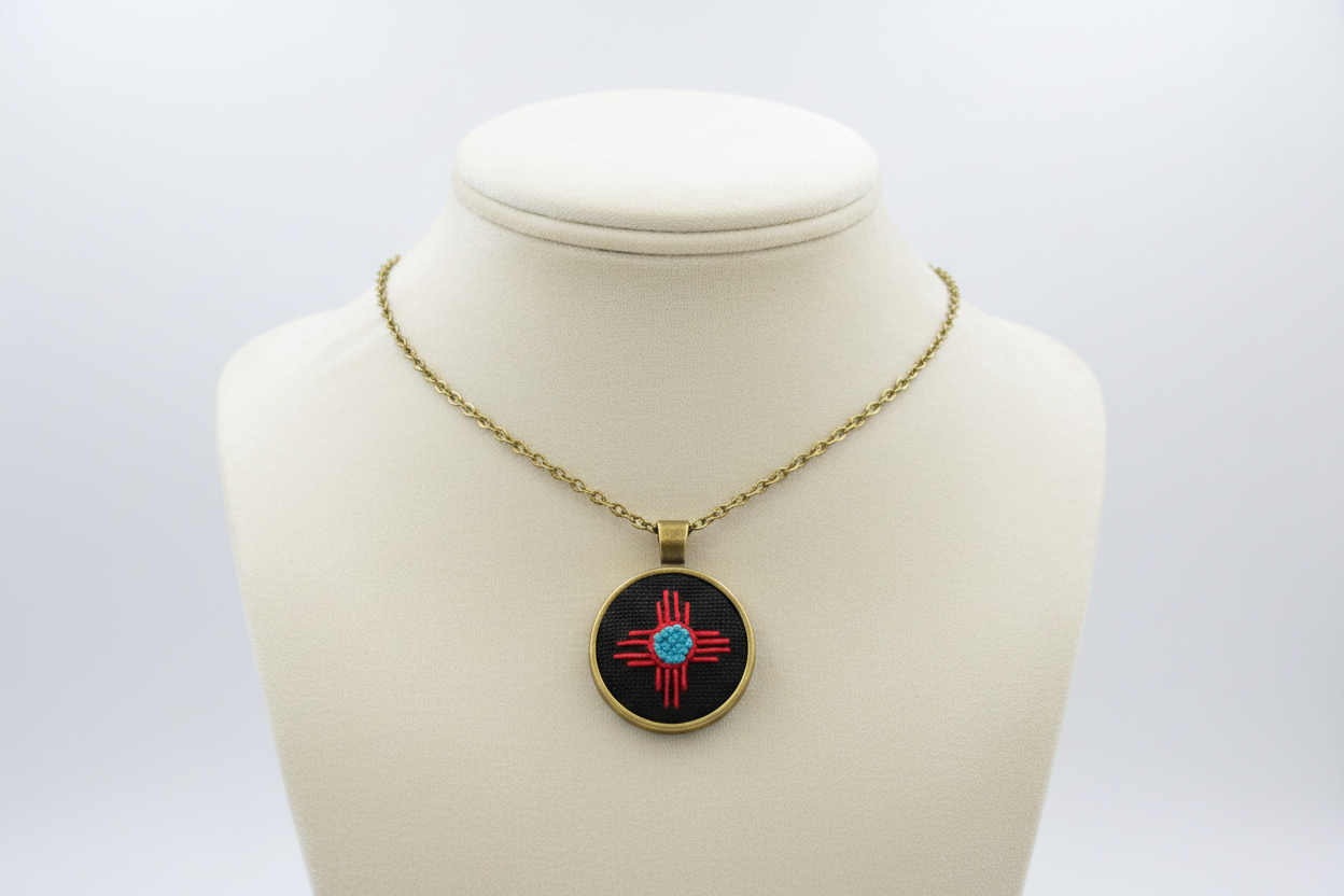 Zia Symbol Embroidered Bronze Pendant (Red & Turquoise)