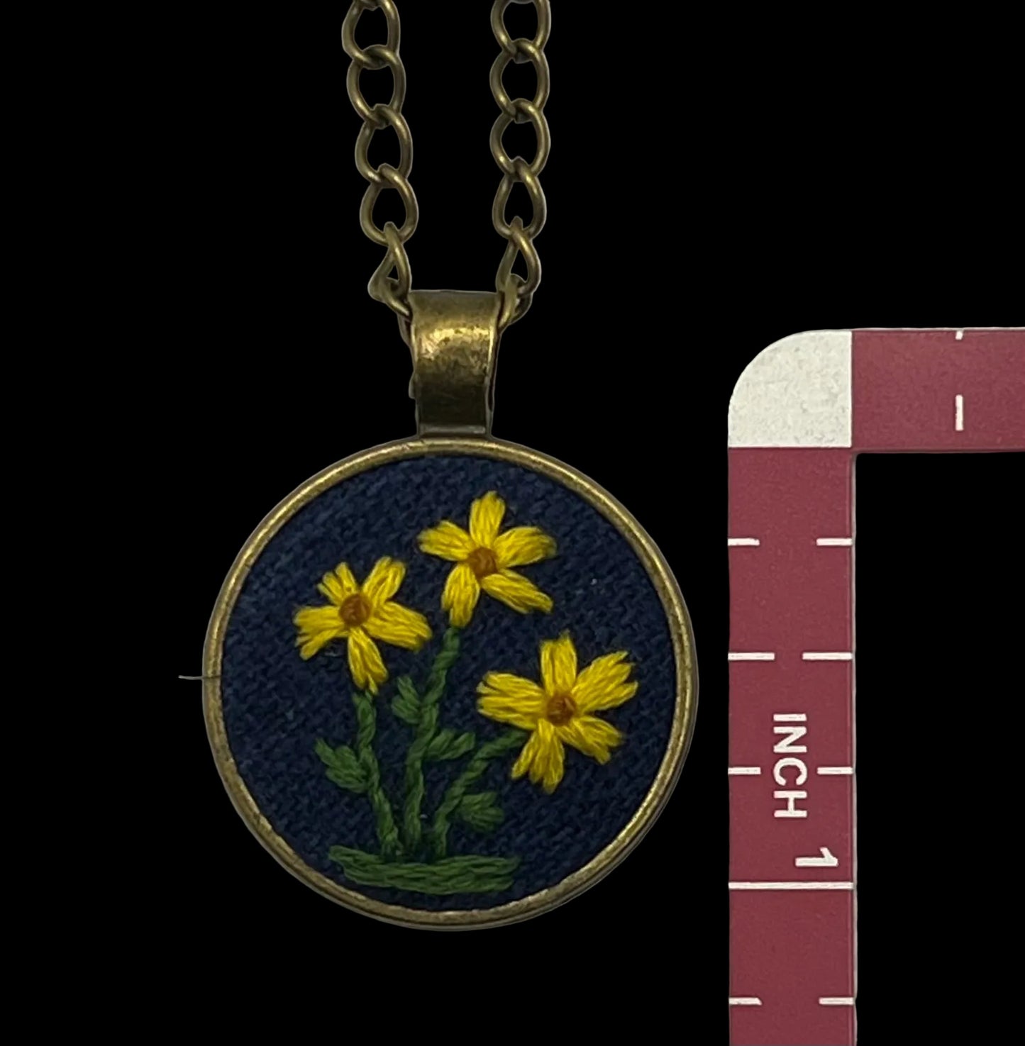 Yellow Flower Bronze Embroidered Pendant