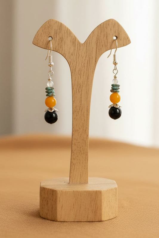 Yellow Agate, Onyx & Turquoise Beaded Earrings