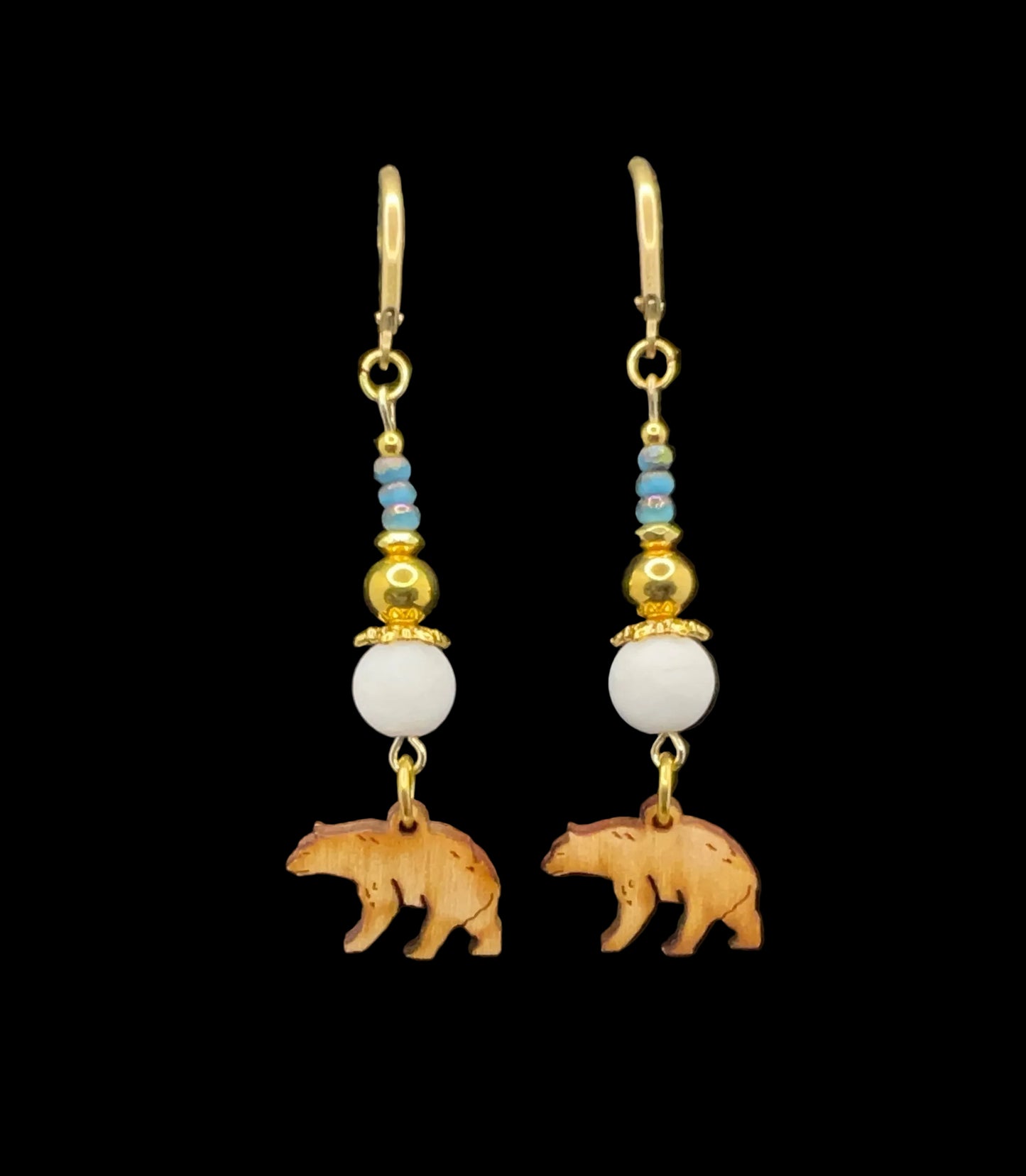 Polar Bear Wood Charm Gold Earrings