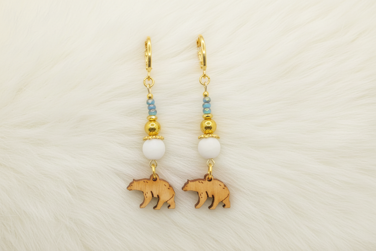 Polar Bear Wood Charm Gold Earrings