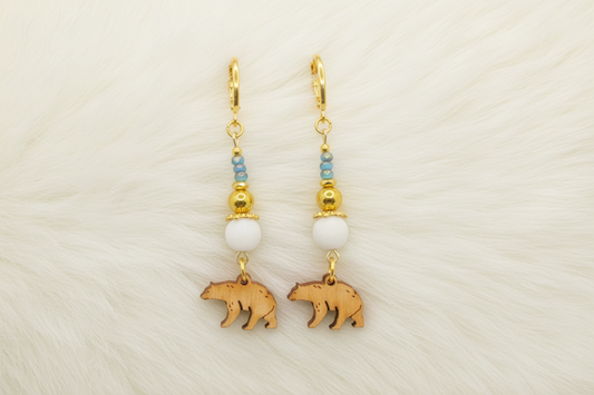 Polar Bear Wood Charm Gold Earrings