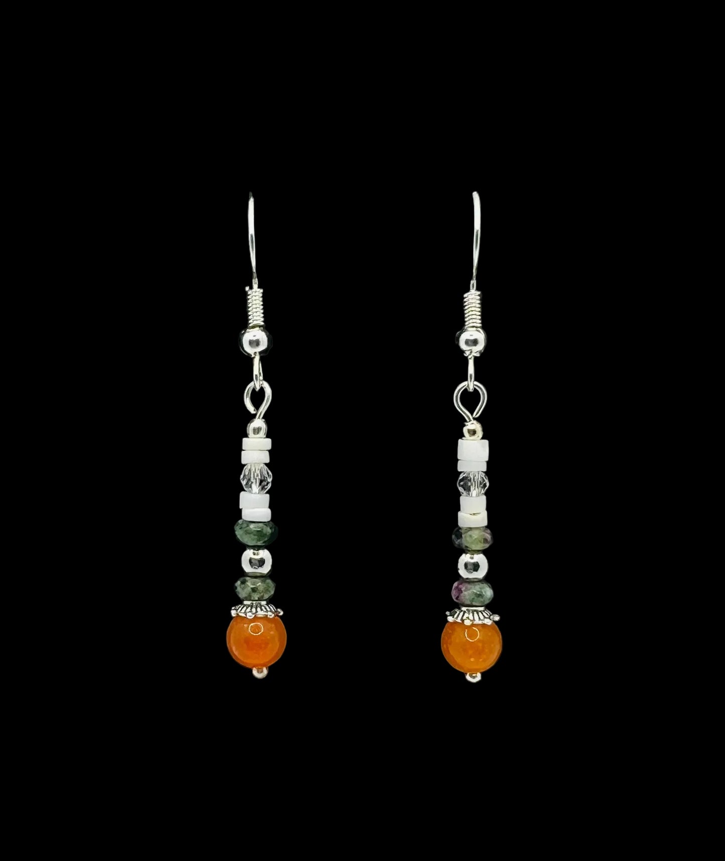 Orange Jasper, Zoisite & White Heishi Shell Silver Earrings