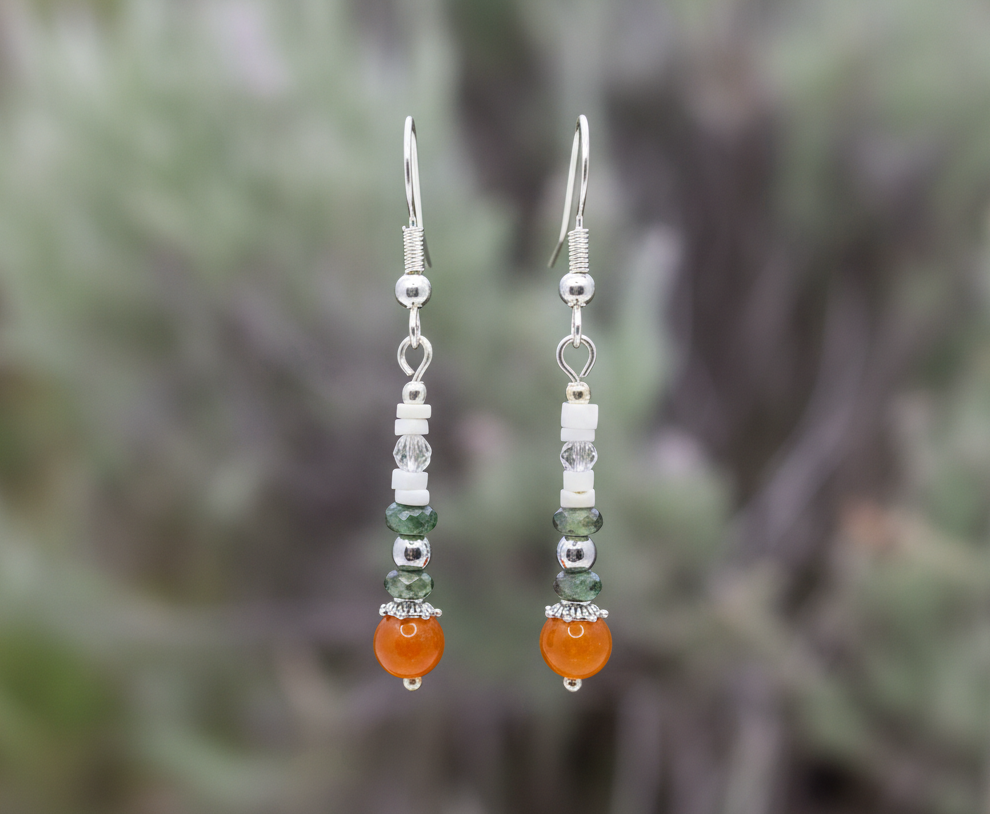 Orange Jasper, Zoisite & White Heishi Shell Silver Earrings