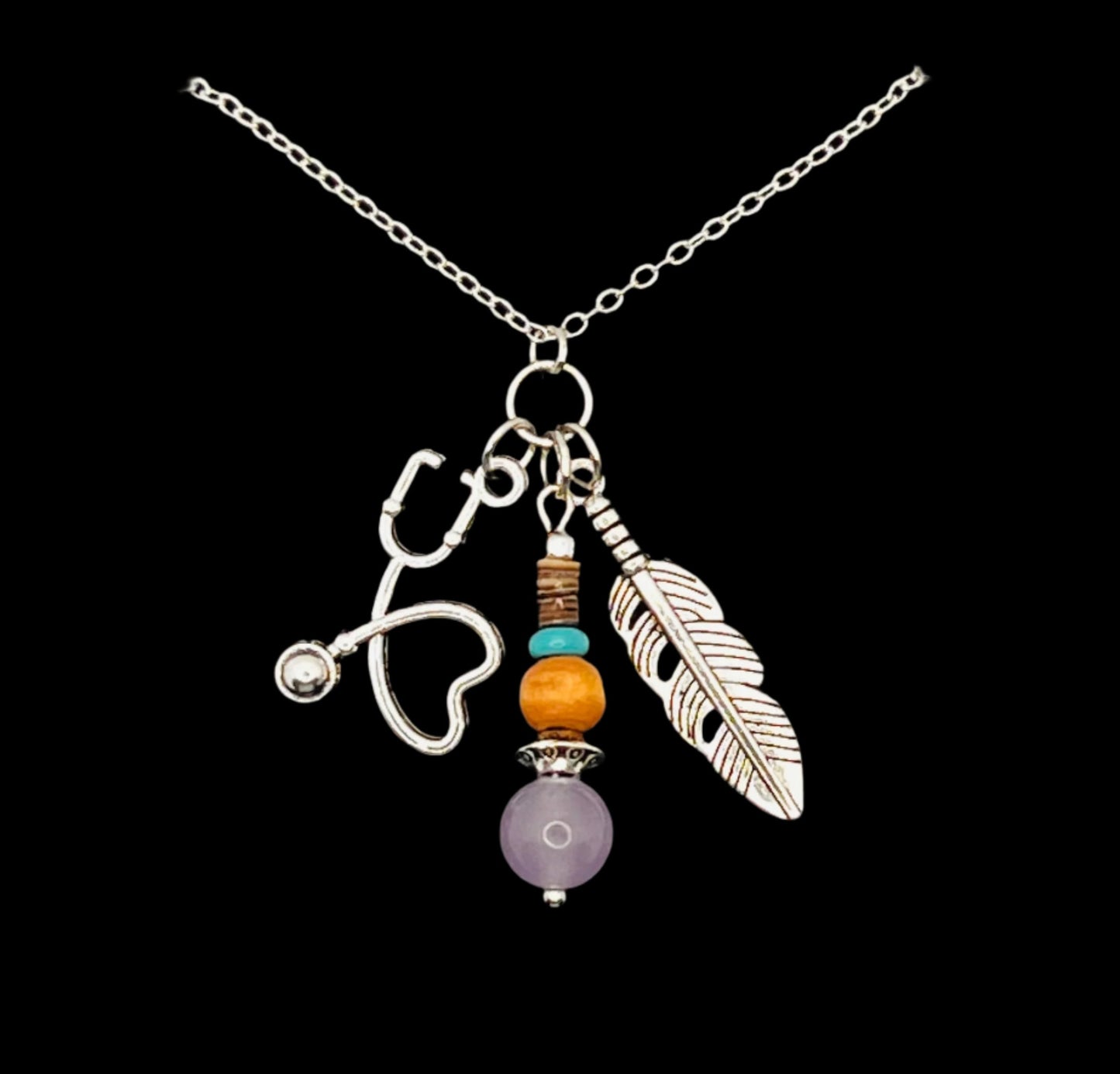 Stethoscope & Feather Cluster Necklace