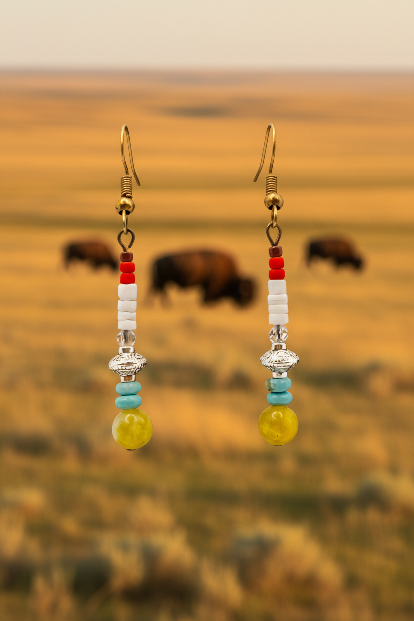 Bronze Dangle Earrings (Turquoise, Yellow, Red, White Heishi & Red Beads)