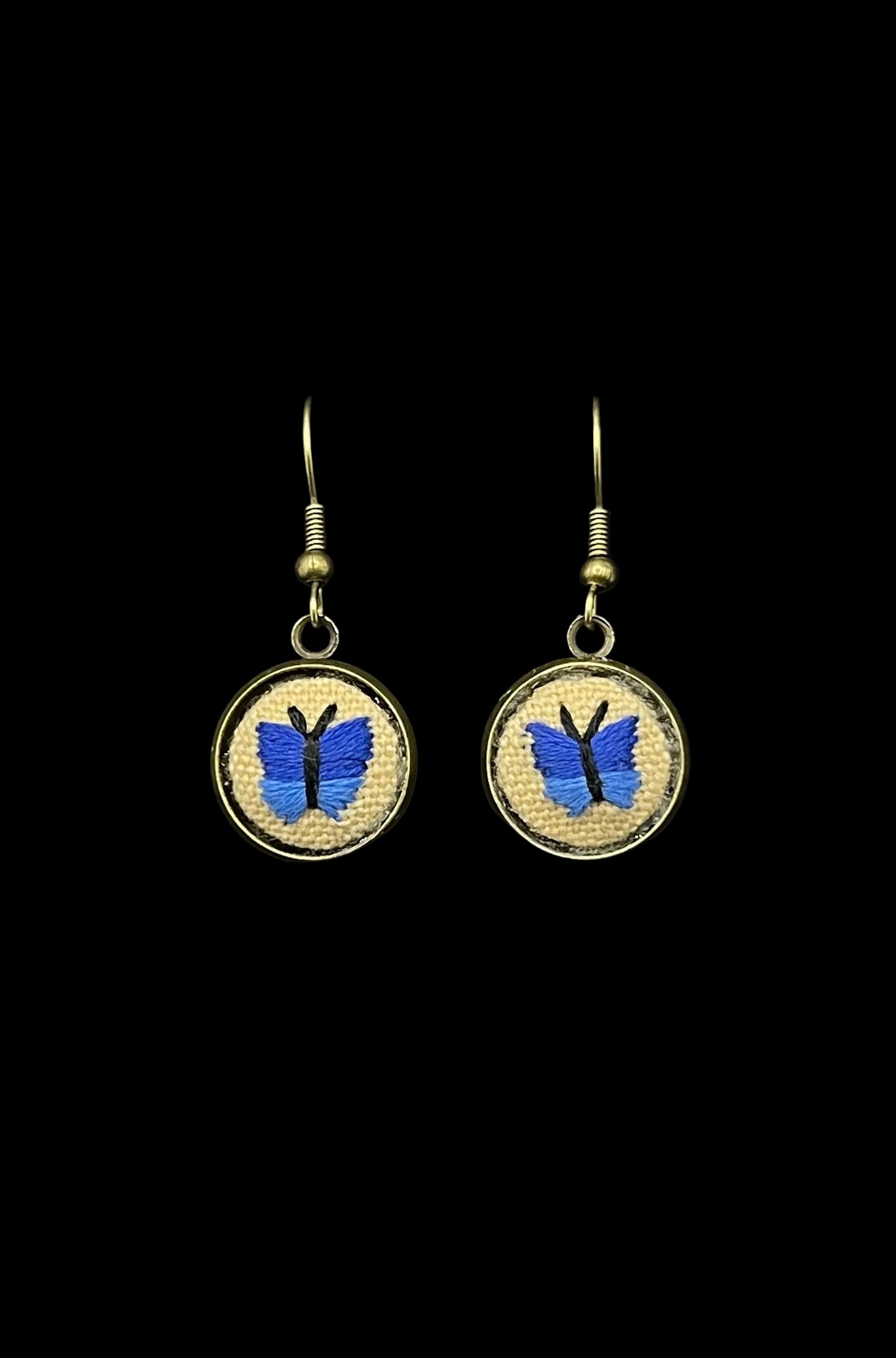 Embroidered Blue Butterfly Bronze Earrings