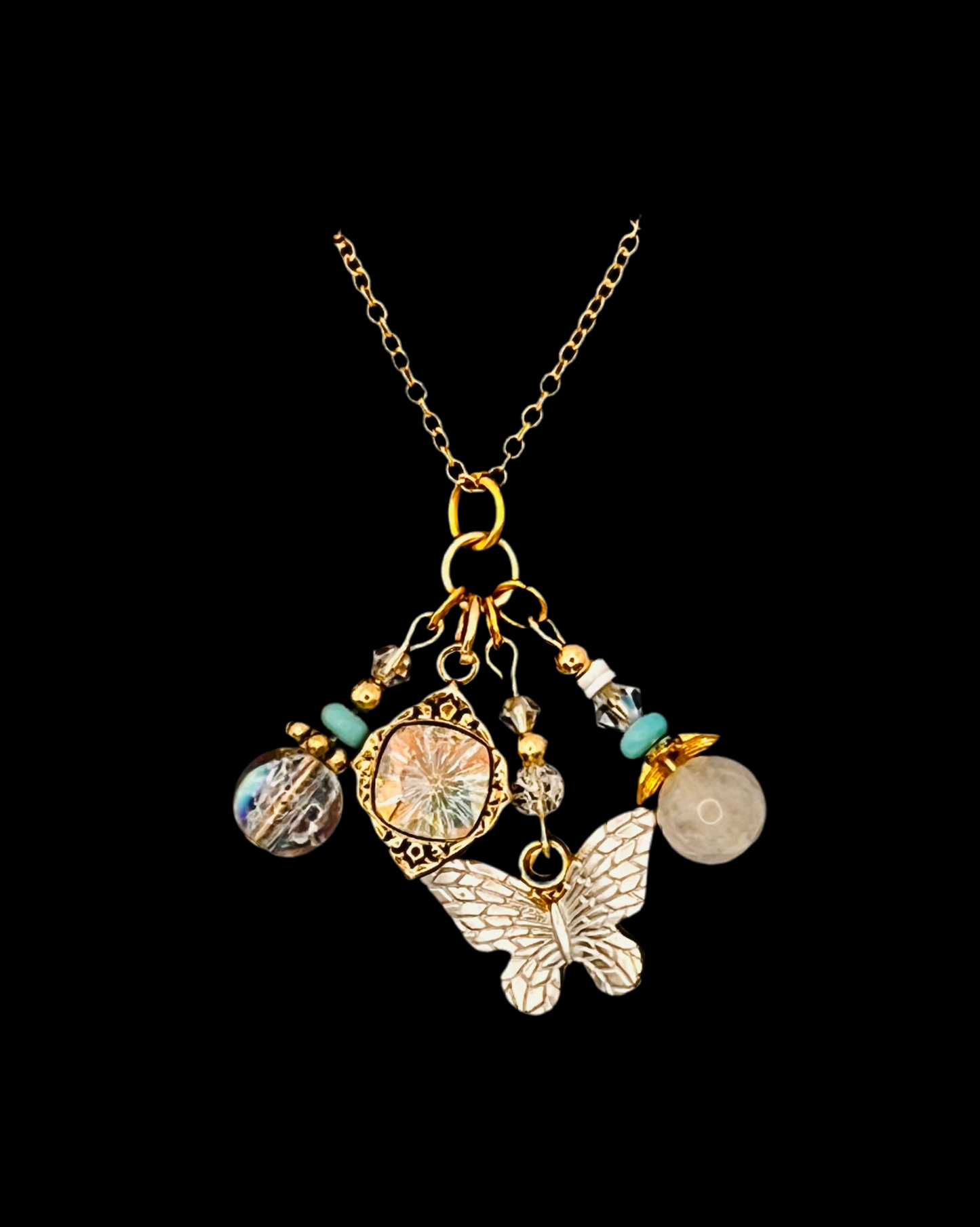 Faceted Butterfly Crystal Necklace (Turquoise, White Heishi & Glass/Quartz Beads)