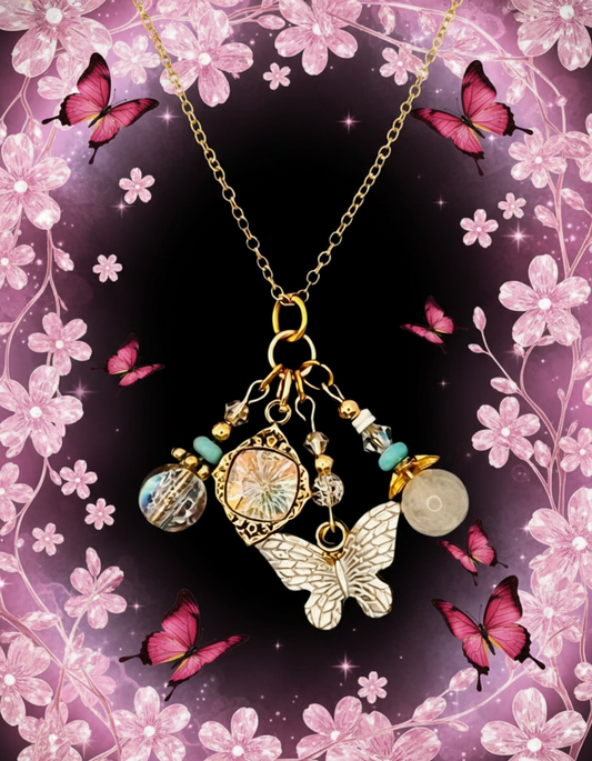 Faceted Butterfly Crystal Necklace (Turquoise, White Heishi & Glass/Quartz Beads)