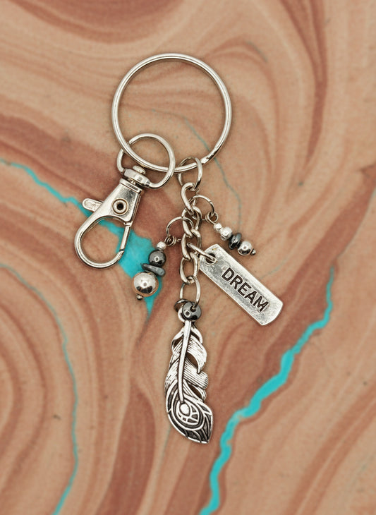 Subtle Perfection Turquoise and Silver Feather Key Chain w/ Lobster Clasp