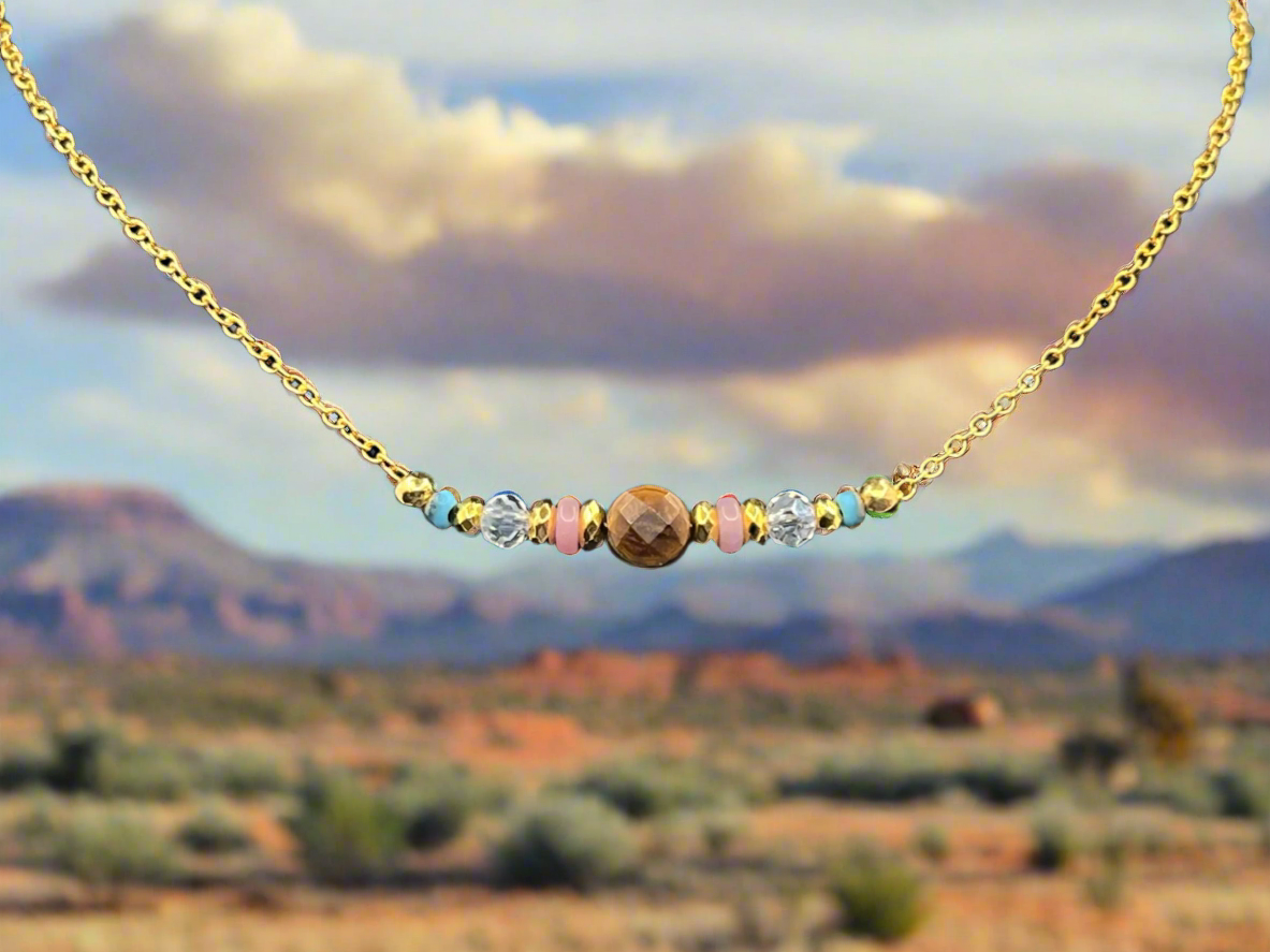 Tiger Eye, Pink Quartz & Turquoise Necklace