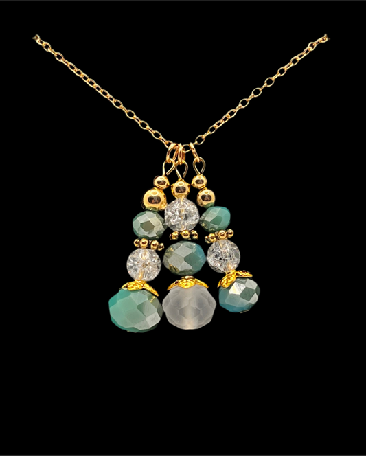 Gold Cluster Pendant Necklace (Turquoise, Frosted & Shattered Glass Beads)