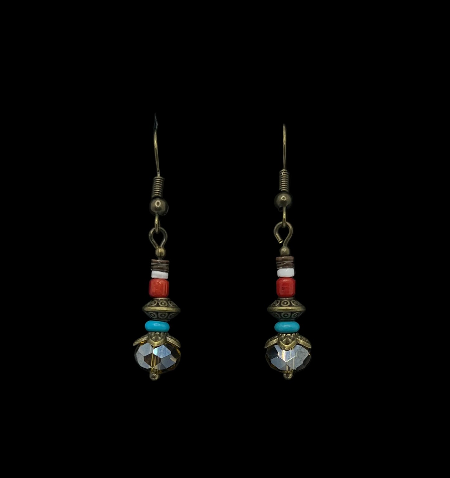 Brown & White Heishi, Coral & Turquoise Bronze Metal Earrings