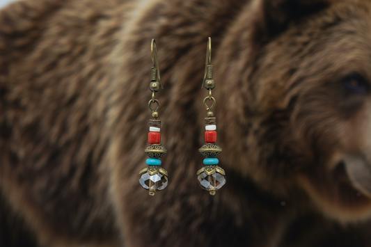 Brown & White Heishi, Coral & Turquoise Bronze Metal Earrings