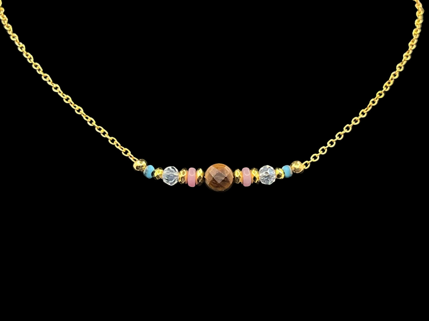 Tiger Eye, Pink Quartz & Turquoise Necklace