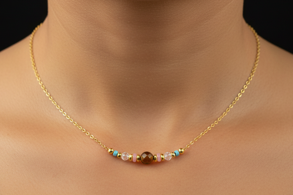 Tiger Eye, Pink Quartz & Turquoise Necklace