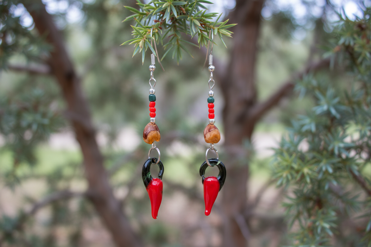 NM Red Chili and Juniper Ghost Bead Dangle Earrings
