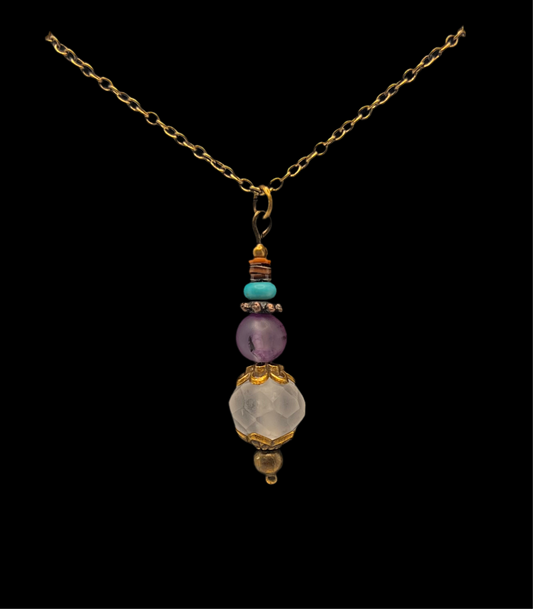 Bronze Dangle Necklace (Turquoise, Brown Heishi Shell, White Frost & Purple beads)
