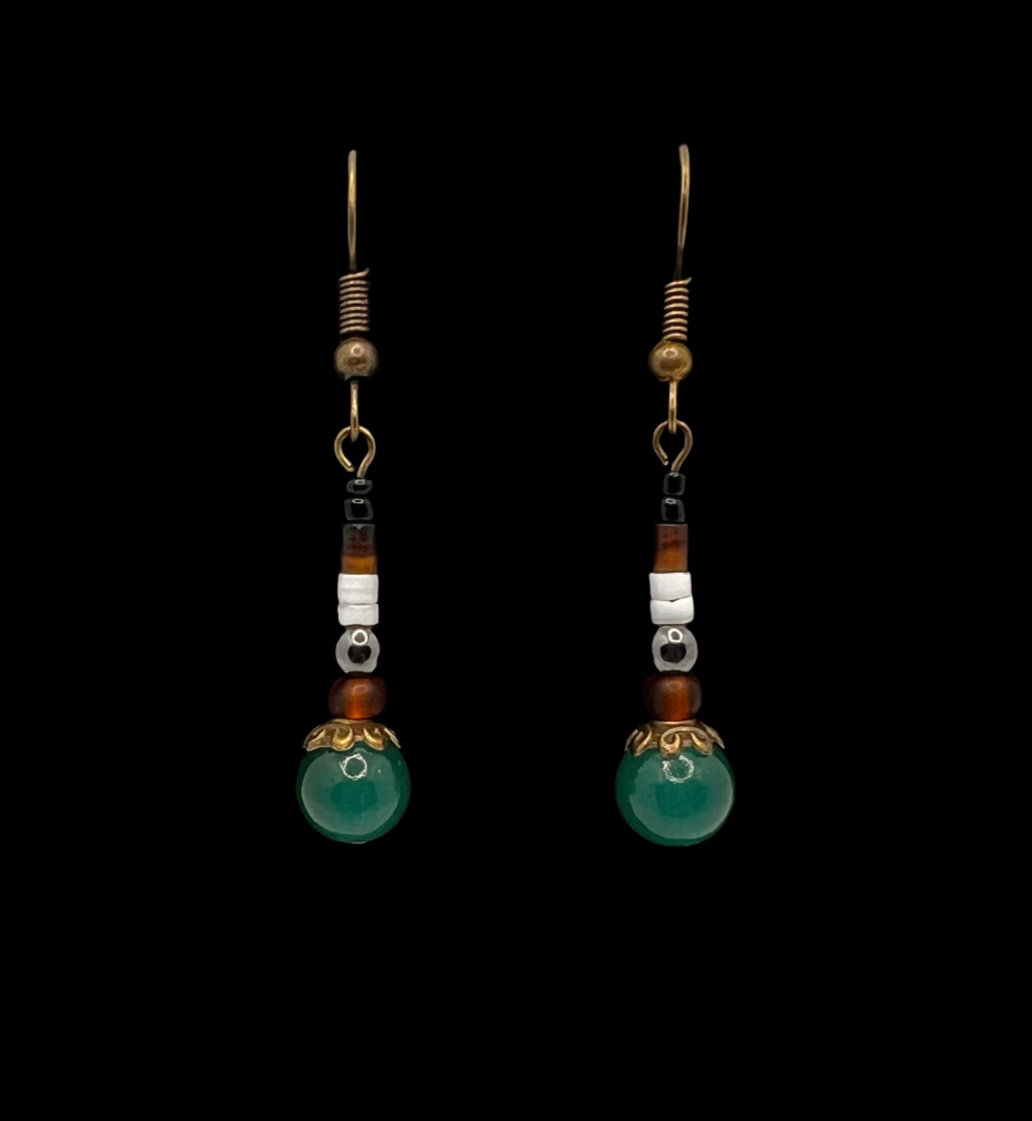 Emerald Green, Brown/White Heishi & Hematite Earrings (Bronze)