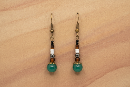 Emerald Green, Brown/White Heishi & Hematite Earrings (Bronze)