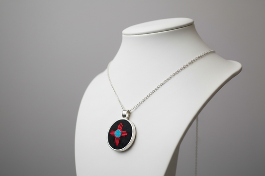 Zia Symbol Embroidered Silver Pendant (Red & Turquoise)