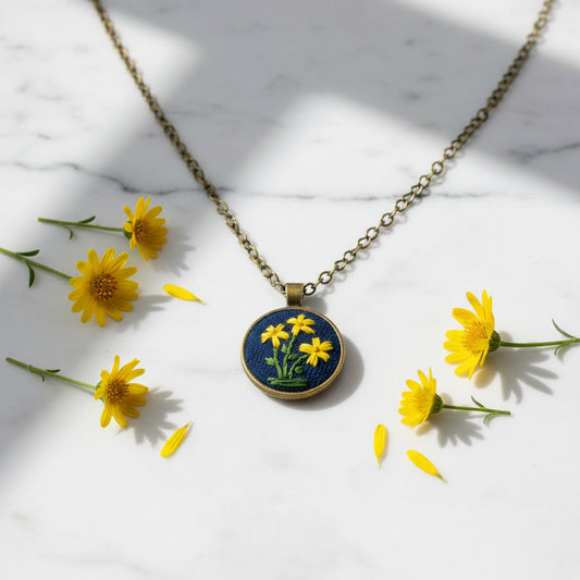 Yellow Flower Bronze Embroidered Pendant