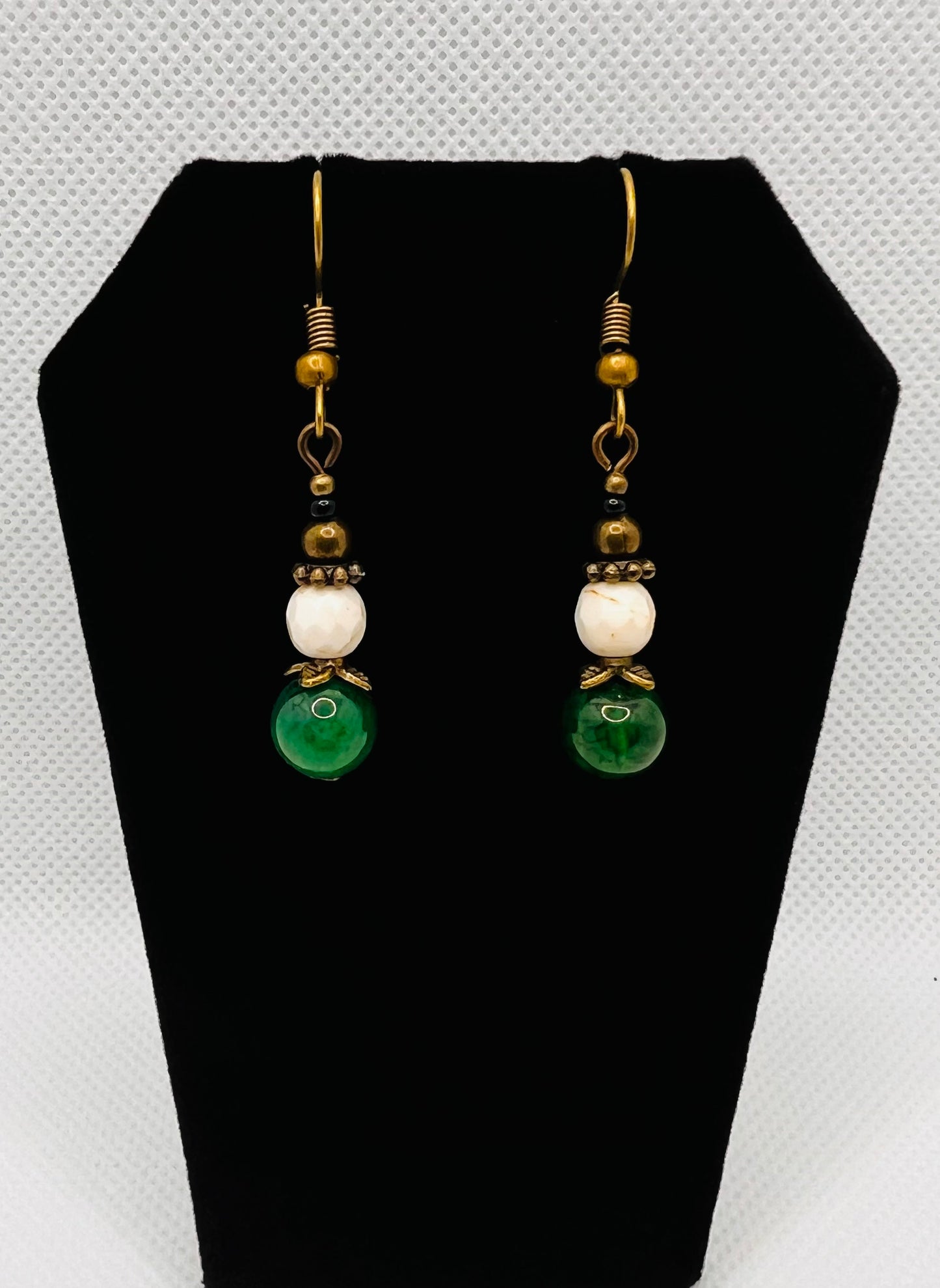 Bronze Emerald Green and White Bead Earrings
