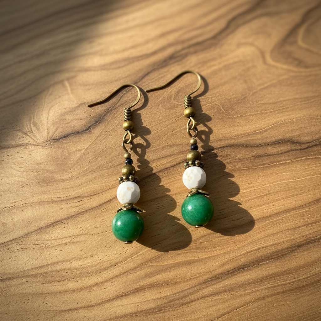 Bronze Emerald Green and White Bead Earrings