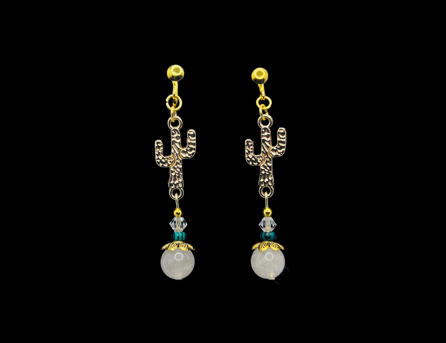 Gold Saguaro Cactus Clip-On Earrings featuring Malachite & White Jade Beads