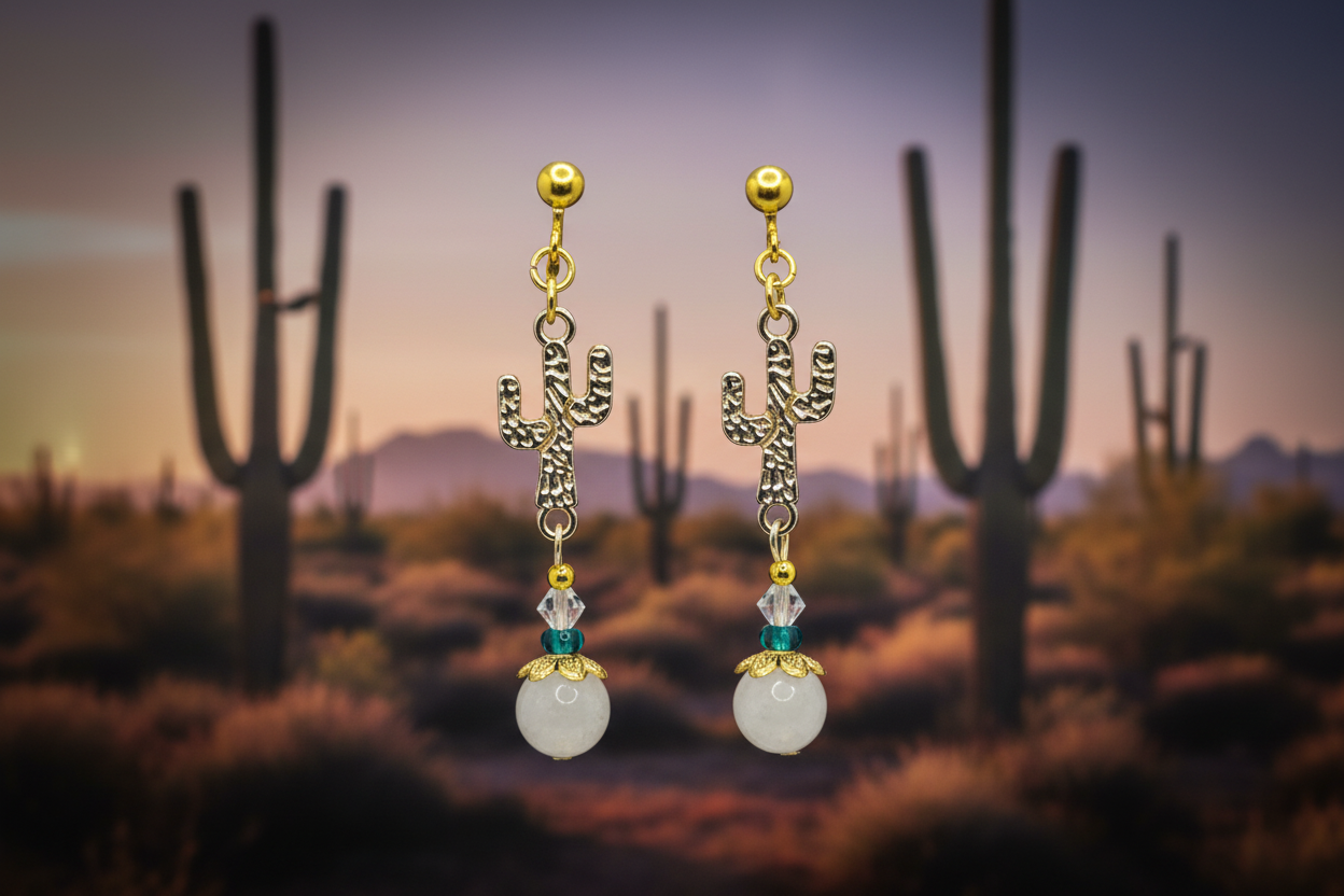 Gold Saguaro Cactus Clip-On Earrings featuring Malachite & White Jade Beads