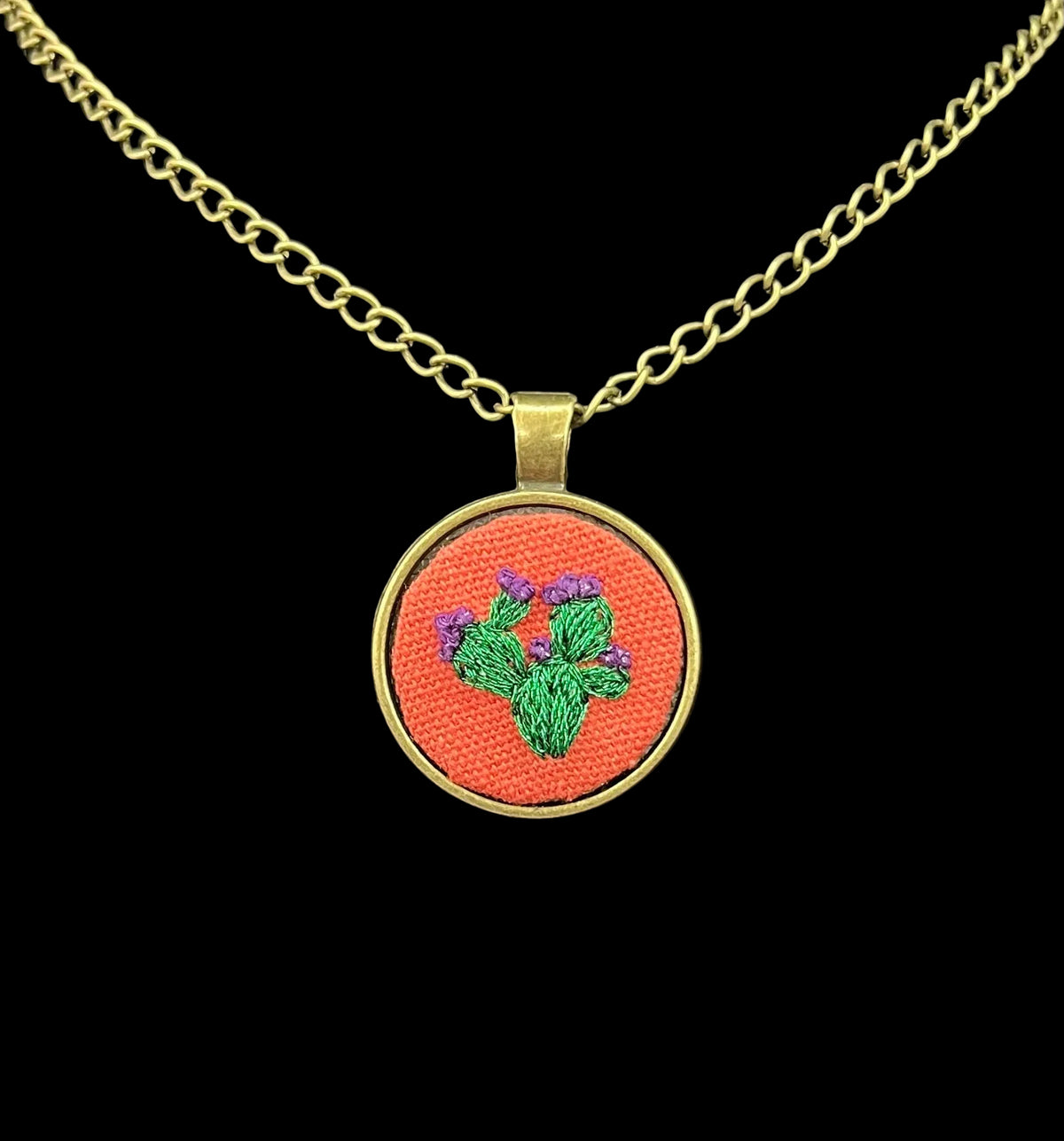 Embroidered Prickly Pear Cactus Bronze Pendant