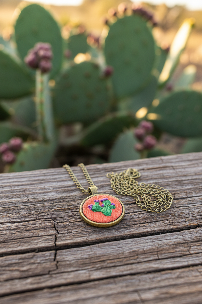 Embroidered Prickly Pear Cactus Bronze Pendant