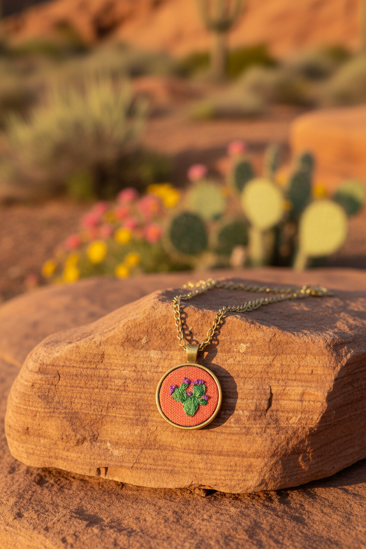 Embroidered Prickly Pear Cactus Bronze Pendant