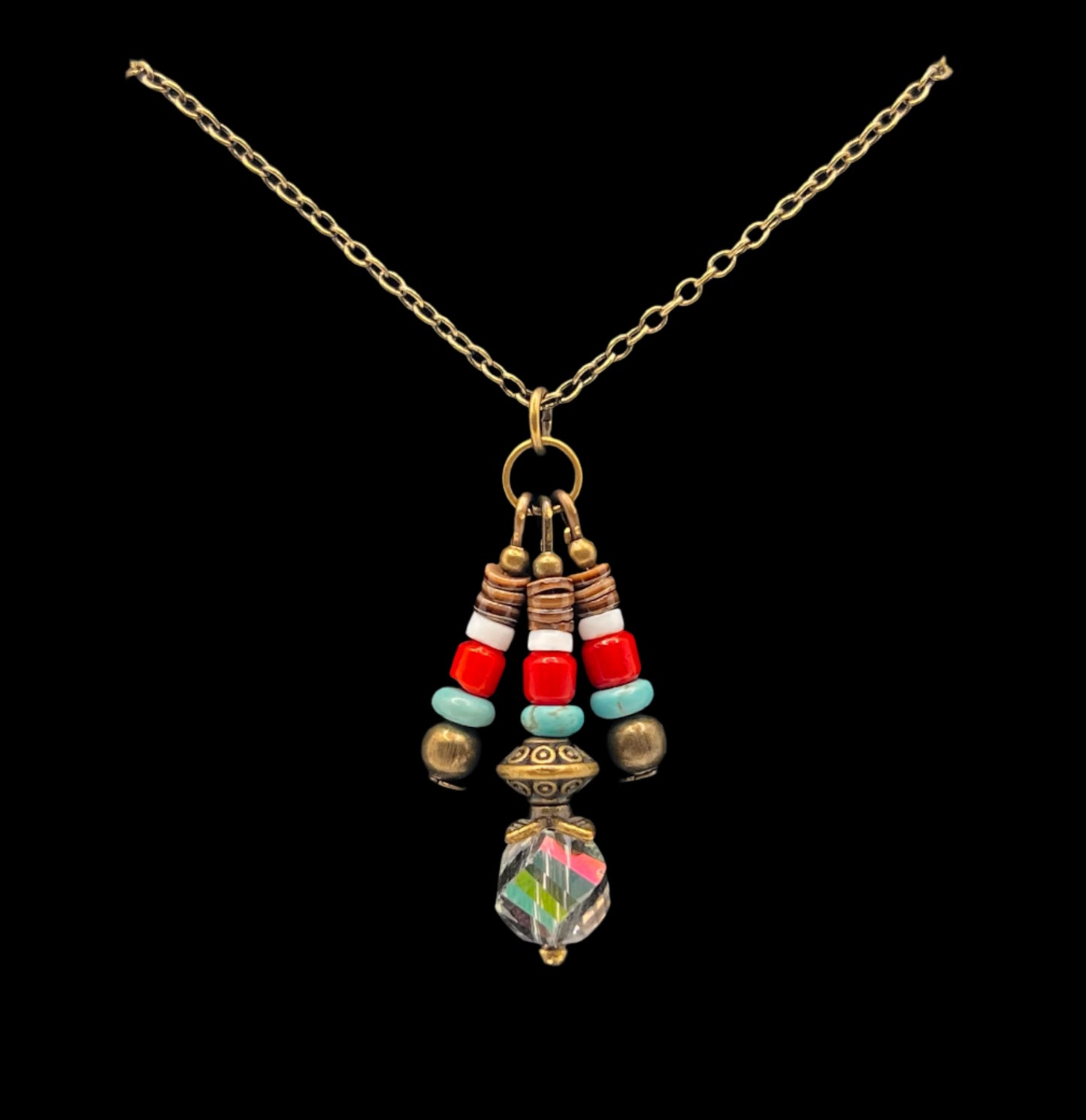 Bronze Dangle Necklace (Turquoise, Coral, White/Brown Heishi Shell and Crystal Pendant)