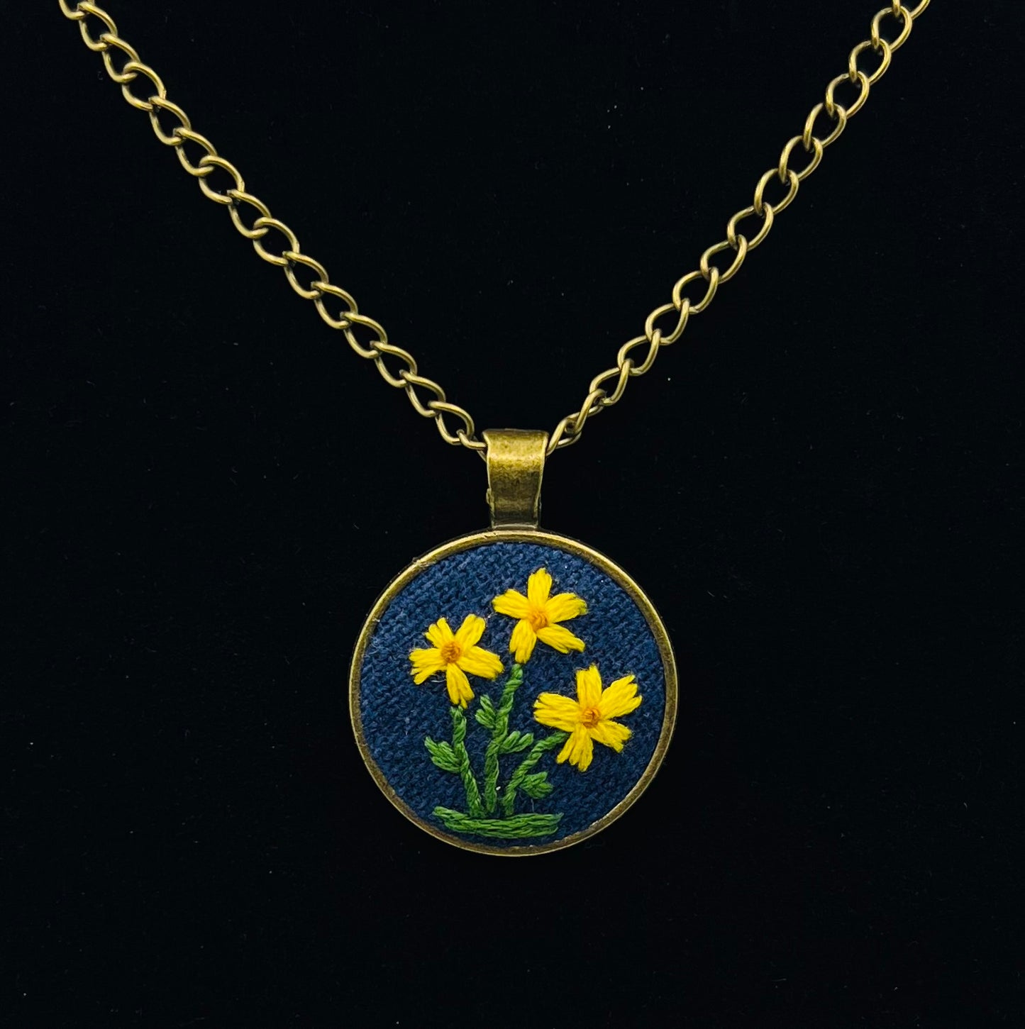 Yellow Flower Bronze Embroidered Pendant