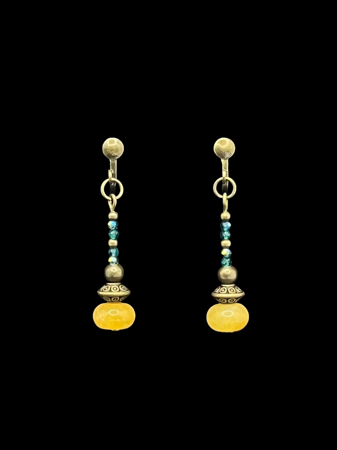 Yellow Jade Bronze Clip on Earrings