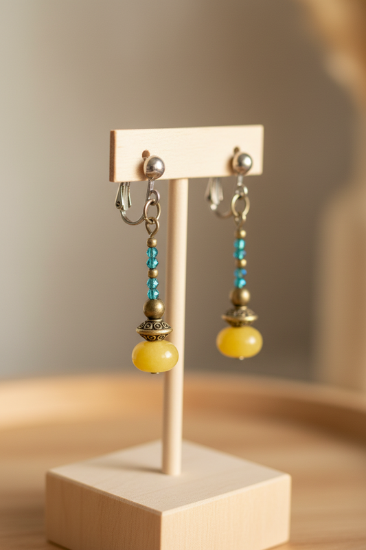 Yellow Jade Bronze Clip on Earrings
