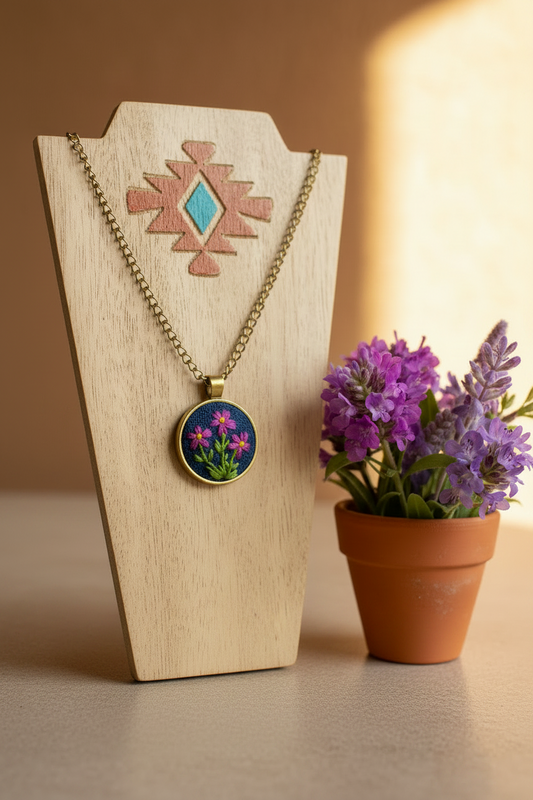 Purple Flower Embroidered Pendant